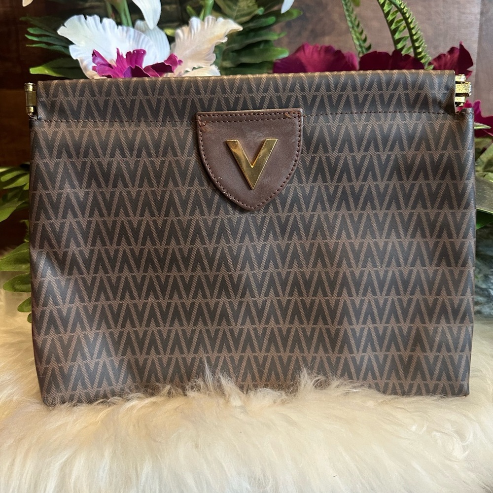 Mario Valentino Vintage Brown V Printed Logo Clutch Bag